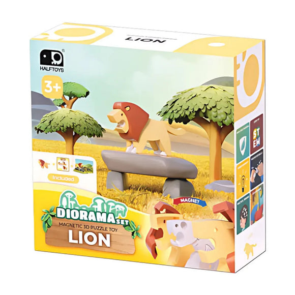 The Halftoys Diorama - Lion by Halftoys is a magnetic 3D puzzle for ages 3+, featuring a lion and trees in a savanna scene. The box shows illustrated instructions and product images.