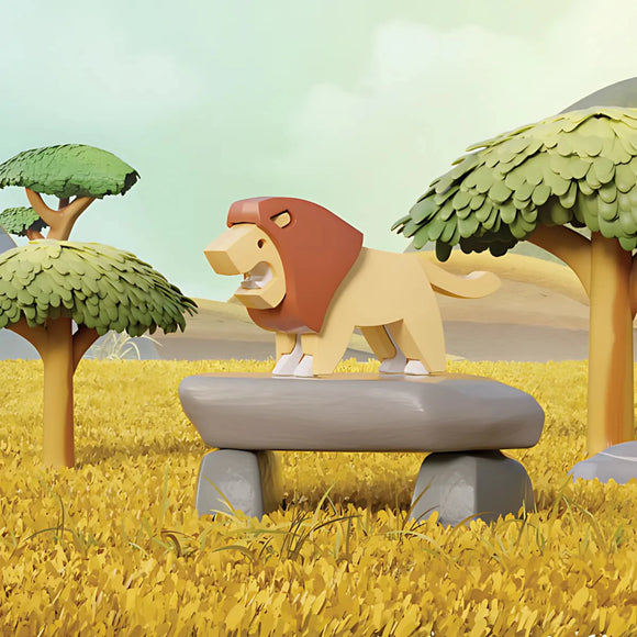 The Halftoys Diorama - Lion by Halftoys features a stylized cartoon lion on a stone slab in golden grass, surrounded by green trees and a cloudy sky, evoking the charm of animal-themed playsets.