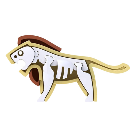 The Halftoys Diorama - Lion by Halftoys is a wooden lion puzzle with a brown mane and visible bone pieces in a fun cartoon style—ideal as an educational toy or for animal-themed playsets.