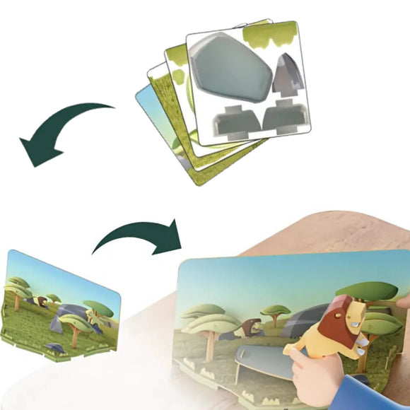 A hand arranges Halftoys Diorama - Lion cards from Halftoys, featuring trees, animals, and step-by-step arrows to build a 3D lion diorama with an elephant in grass—a fun animal-themed playset or educational toy.