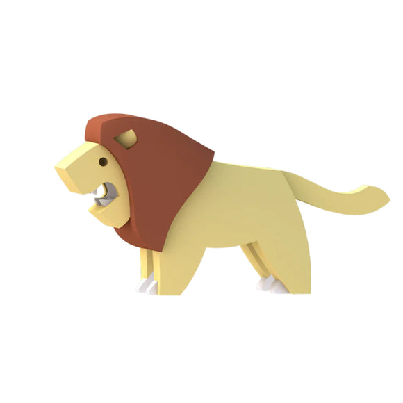 The Halftoys Diorama - Lion by Halftoys is a simple, cartoon-like 3D lion with a tan body and brown mane, standing on all fours and looking left—ideal for animal-themed playsets or educational toy inspiration. Shown on a white background.