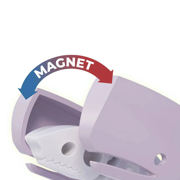 A close-up of the Halftoys Picture Book - Sperm Whale by Halftoys shows its purple plastic exterior with an open lid, revealing a white mechanism inside. An arrow labeled "MAGNET" highlights the magnetic closure between lid and base.