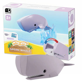 A box for the Halftoys Picture Book - Sperm Whale by Halftoys, showing a gray whale toy with detachable parts. The colorful packaging highlights it's for ages 3+, offers educational benefits, and makes a great interactive storytime gift for kids.