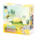 The Halftoys Diorama - Stego by Halftoys is a magnetic 3D puzzle toy with a yellow stegosaurus figure and illustrated trees. This educational dinosaur set is suitable for ages 3 and up.
