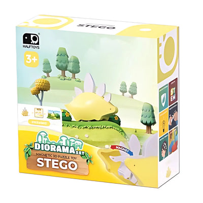 The Halftoys Diorama - Stego by Halftoys is a magnetic 3D puzzle toy with a yellow stegosaurus figure and illustrated trees. This educational dinosaur set is suitable for ages 3 and up.