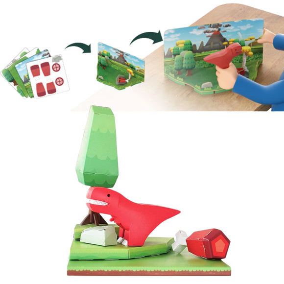 With Halftoys Diorama - T-Rex by Halftoys, assemble paper cutouts to create a playful 3D scene with a red T-Rex, tree, and rock atop a cartoon landscape — perfect for imaginative STEM play.