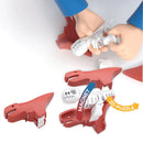 A person’s hands assemble the Halftoys Diorama - T-Rex by Halftoys, an educational red and white 3D dinosaur puzzle with internal skeleton pieces fitting into red shells, labeled "MAGNET" and "3D PUZZLE," for a fun STEM playset.