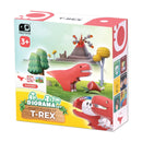 The Halftoys Diorama - T-Rex by Halftoys is a STEM playset for ages 3+, packaged in a colorful box with a cartoon volcano, trees, and the magnetic 3D red T-Rex figure with accessories shown on the packaging.