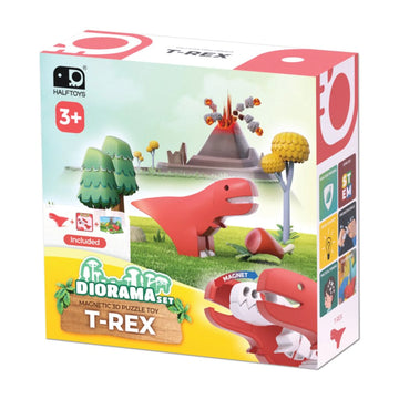 The Halftoys Diorama - T-Rex by Halftoys is a STEM playset for ages 3+, packaged in a colorful box with a cartoon volcano, trees, and the magnetic 3D red T-Rex figure with accessories shown on the packaging.