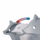 Three wolf-shaped figures—one dark gray, one white, and one light gray—stand side by side. An arrow marked "MAGNET" shows their magnetic connection. Halftoys Diorama - Wolf by Halftoys is great for woodland-themed play or STEM learning.