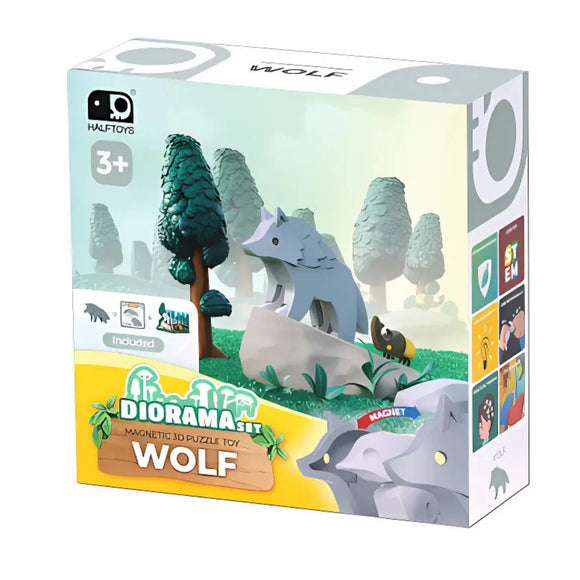 A Halftoys Diorama - Wolf toy box from Halftoys, featuring an illustrated wolf and forest scene. For ages 3+, this woodland playset encourages imaginative, STEM-based play. Magnet and eco-friendly icons appear on the right.