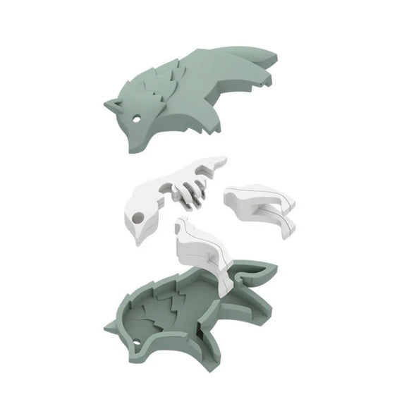 The Halftoys Diorama - Wolf by Halftoys is a green and white 3D wolf puzzle with interlocking pieces shown vertically, perfect for fans of educational toys or woodland-themed playsets.