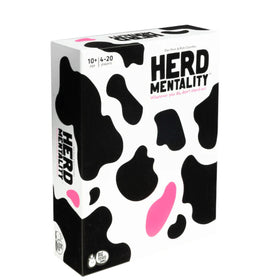 The image showcases a box of the Big Potato party game "Herd Mentality," ideal for family entertainment. The design features a black and white cowhide pattern accented with pink spots and includes the phrase, "Whatever you do, don’t stand out!" It's suitable for ages 10 and up and can accommodate between 4 to 20 players.