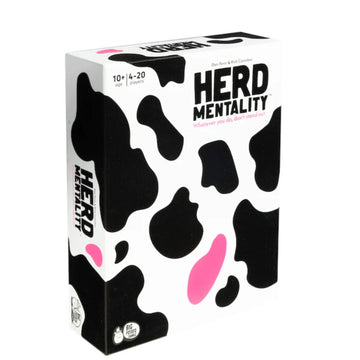 The image showcases a box of the Big Potato party game "Herd Mentality," ideal for family entertainment. The design features a black and white cowhide pattern accented with pink spots and includes the phrase, "Whatever you do, don’t stand out!" It's suitable for ages 10 and up and can accommodate between 4 to 20 players.