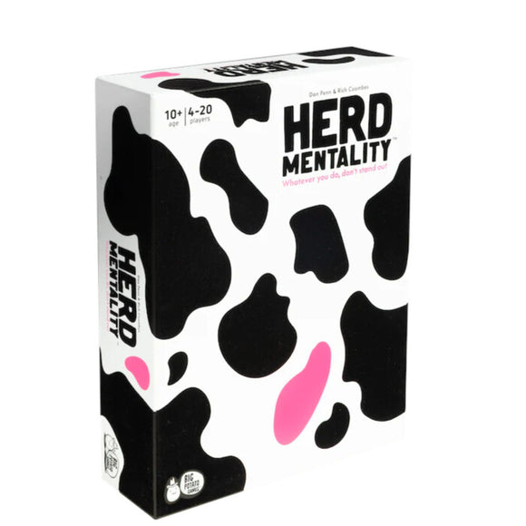 The image showcases a box of the Big Potato party game "Herd Mentality," ideal for family entertainment. The design features a black and white cowhide pattern accented with pink spots and includes the phrase, "Whatever you do, don’t stand out!" It's suitable for ages 10 and up and can accommodate between 4 to 20 players.