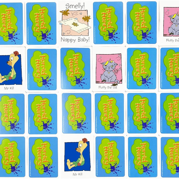 The Horrid Henry Smelly Nappy Baby Card Game by University Games is an ideal gift for children. The grid features cards with blue backgrounds and green "Horrid Henry" text. Some cards show a cartoon horse in a green jacket, a gray cat, or the "Smelly Nappy Baby," offering an exciting game experience.