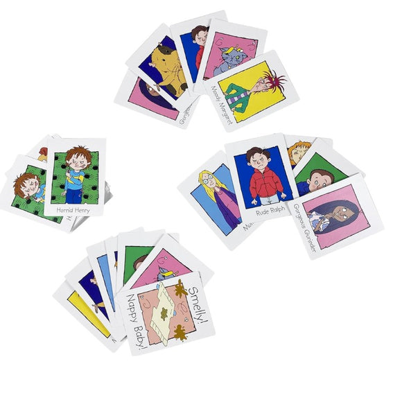 The University Games Horrid Henry Smelly Nappy Baby Card Game features cartoon characters like "Horrid Henry," "Moody Margaret," and "Nappy Baby" on cards, ideal for a card game or as a delightful children's gift, each with colorful illustrations on a bright white background.