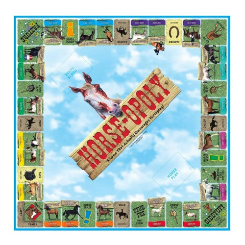 Horse-Opoly by Cheatwell is an engaging horse-themed board game where players trade equine properties and encounter delightful horse-related elements around the board. At the center, a majestic horse's face is set against a sky backdrop, while the corners and spaces feature charming illustrations and descriptions celebrating all things equestrian.