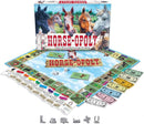 Image of a Horse-Opoly board game set by Cheatwell, ideal for equine property trading. The box displays artwork featuring different horses, and the board is laid out with vibrant spaces, cards, money, and game pieces including a cowboy boot and a horse. Dice are also included.