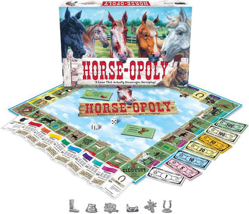 Image of a Horse-Opoly board game set by Cheatwell, ideal for equine property trading. The box displays artwork featuring different horses, and the board is laid out with vibrant spaces, cards, money, and game pieces including a cowboy boot and a horse. Dice are also included.