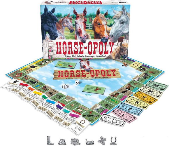 Image of a Horse-Opoly board game set by Cheatwell, ideal for equine property trading. The box displays artwork featuring different horses, and the board is laid out with vibrant spaces, cards, money, and game pieces including a cowboy boot and a horse. Dice are also included.