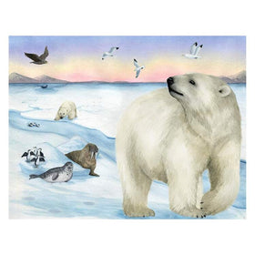 In "Hunter's Icy Adventure" by Ellie Jackson, an Arctic scene is illustrated for a children's book. A polar bear features prominently with another in the distance alongside a walrus, seal, and penguins against birds flying high. The pastel sky and icy waters hint at climate change's impact.
.
