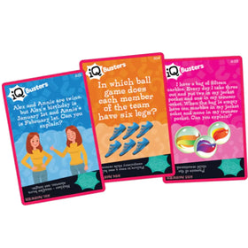 Outset Cheatwell's IQ Busters Brain Trainers include three vibrant cards with clever puzzles: a birthday question, a team sport with six legs, and a challenge to distribute marbles in pockets, all featuring stunning decorative elements.