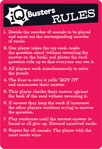 The image showcases rules for "IQ Busters Brain Trainers" by Outset Cheatwell. Players must read and solve puzzles, shouting "Got it!" when they do. The winner is the one with the most solved cards, which feature a striking red background.