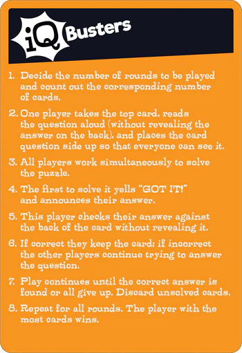 Orange card titled "IQ Busters Mind Bogglers" by Outset Cheatwell includes steps like counting cards, taking turns reading questions, solving puzzles, checking answers, and determining the winner by correctly answered cards. Enjoy a fun mental workout today!.