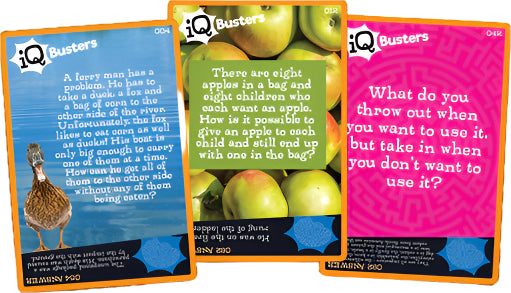 Three vibrant IQ Busters Mind Bogglers cards by Outset Cheatwell provide a great mental workout: the left card presents a fox, duck, and corn riddle; the middle highlights an apple puzzle; and the right features disposable items riddles. Images of a duck and apples accompany these challenges.