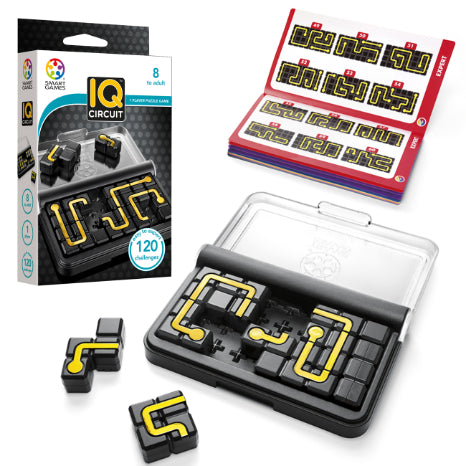 Box for the IQ circuit game, the game itself and the puzzle book.