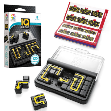Box for the IQ circuit game, the game itself and the puzzle book.