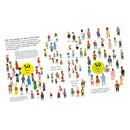 If the World Were 100 People" by Bloomsbury illustrates diverse demographics with figures, charts, and text. It uses colorful icons and characters with descriptive labels to explain global statistics on age, gender, and cultural backgrounds.