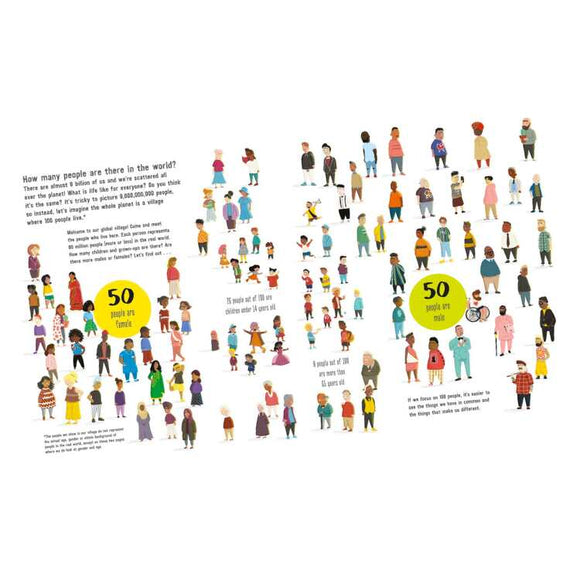 If the World Were 100 People" by Bloomsbury illustrates diverse demographics with figures, charts, and text. It uses colorful icons and characters with descriptive labels to explain global statistics on age, gender, and cultural backgrounds.