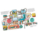 The illustrated infographic from Bloomsbury's "If the World Were 100 People" depicts interconnected pipes with people in water-related activities, emphasizing global water access stats: "71% have clean water" and "29% do not," to enhance global understanding.