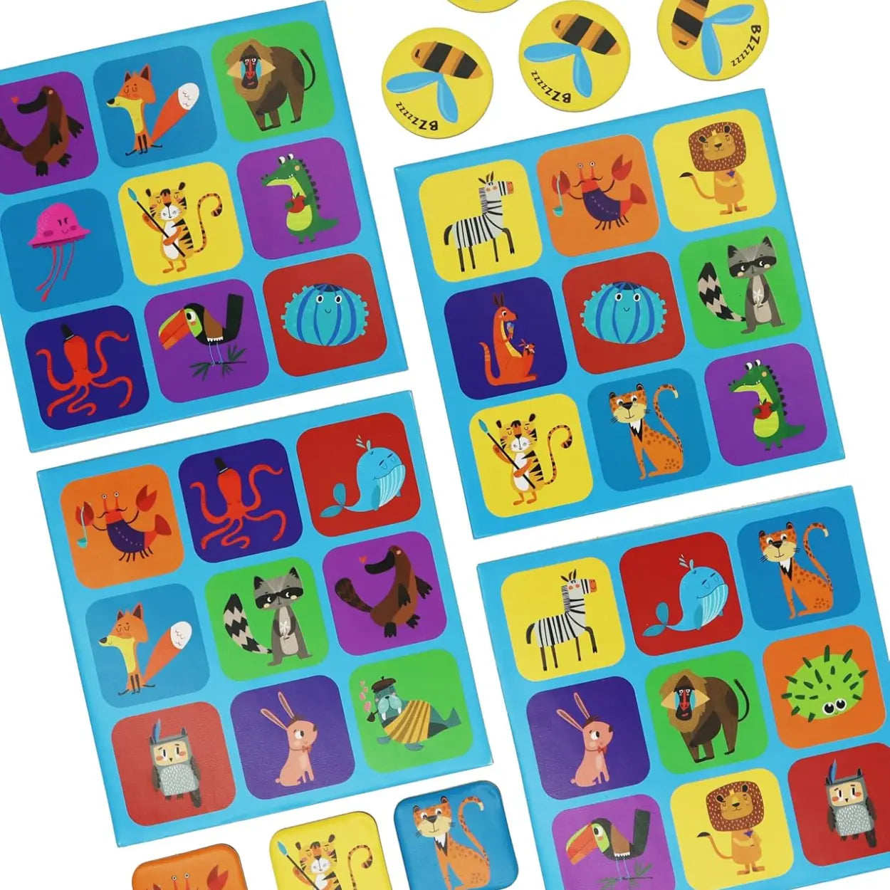 The "Into the Wild Bingo" by Into the Wild features colorful stickers of cartoon animals like a monkey, zebra, raccoon, dragon, and jellyfish. Each square has a vibrant background, ideal for crafting a playful matching game design.