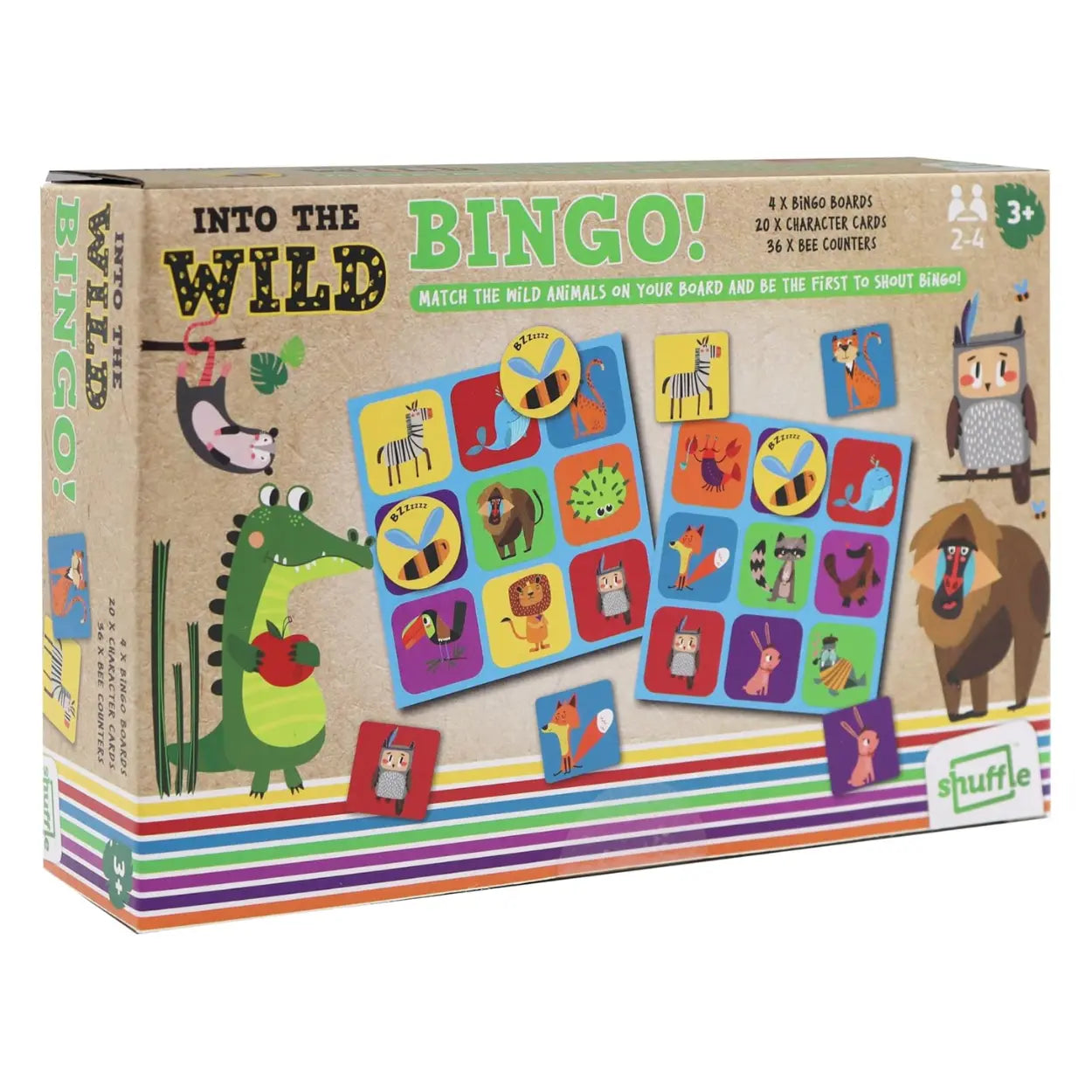 The image shows "Into the Wild Bingo" by Into the Wild, a children's board game with colorful illustrations of wild animals like lions, giraffes, and crocodiles. It includes bingo boards and character cards and is ideal for ages 3+.