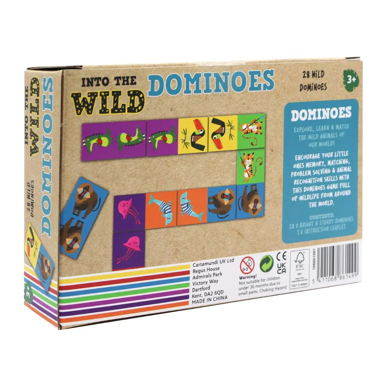 The "Into the Wild Animal Dominoes" by Into the Wild features vibrant illustrations of birds, snakes, and monkeys. This 28-piece set is designed for ages 3+ to enhance matching skills and promote learning through play.