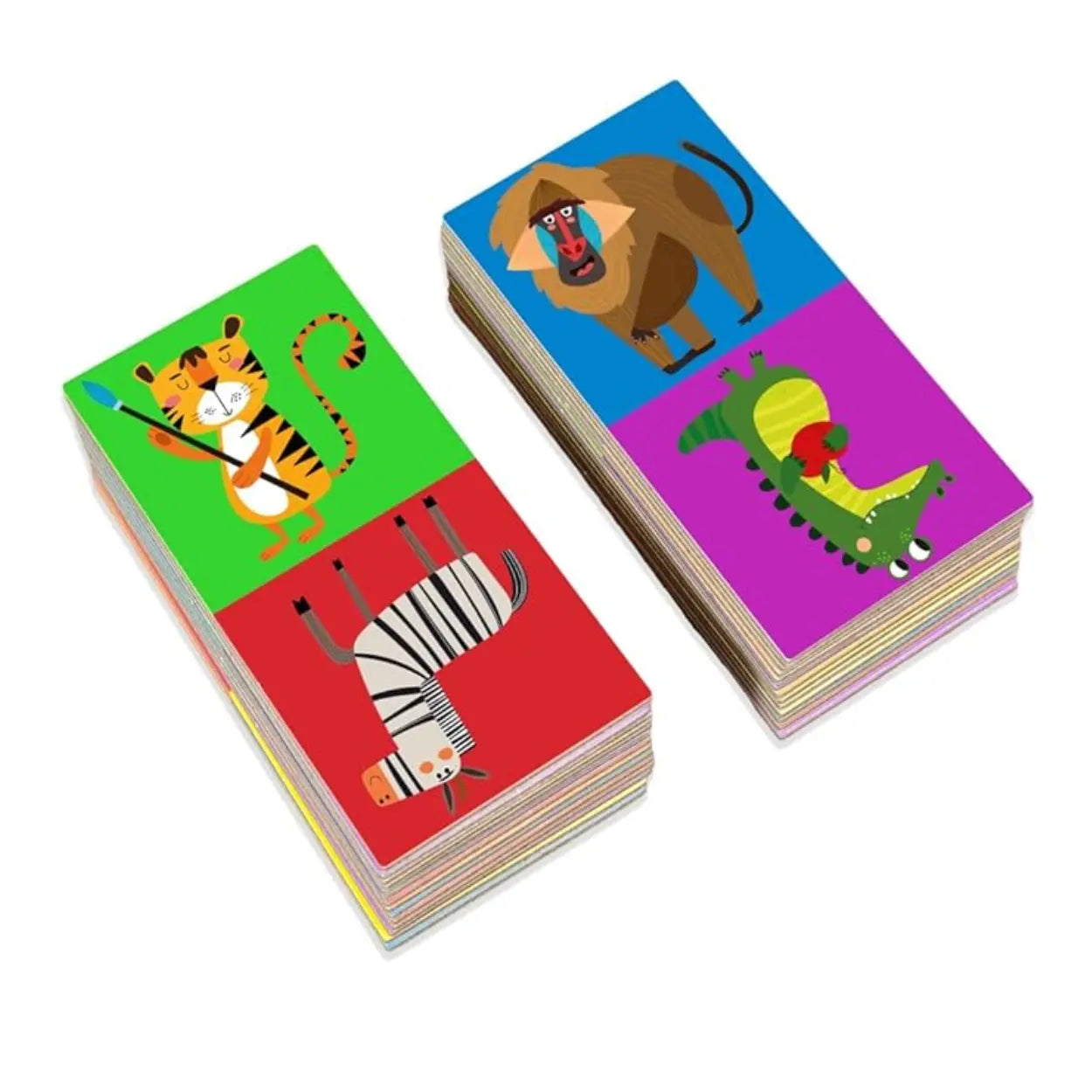 Two stacks of colorful Into the Wild Animal Dominoes cards are shown; left features a tiger playing cricket and a zebra, while right has a mandrill and an alligator with a hat. Each card boasts vibrant backgrounds ideal for enhancing matching skills in this Into the Wild product.