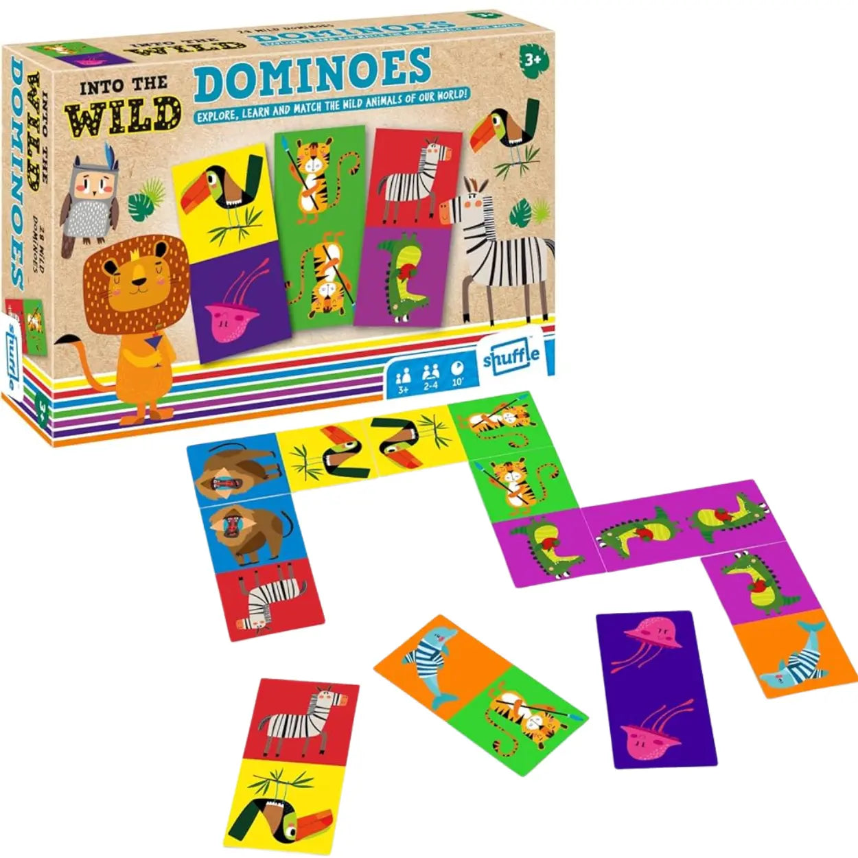 Into the Wild Animal Dominoes," a vibrant children's game by Into the Wild, showcases whimsical animals like lions, zebras, and giraffes. It's ideal for improving matching skills in children aged 3 and up. The open box displays domino cards against a white background.