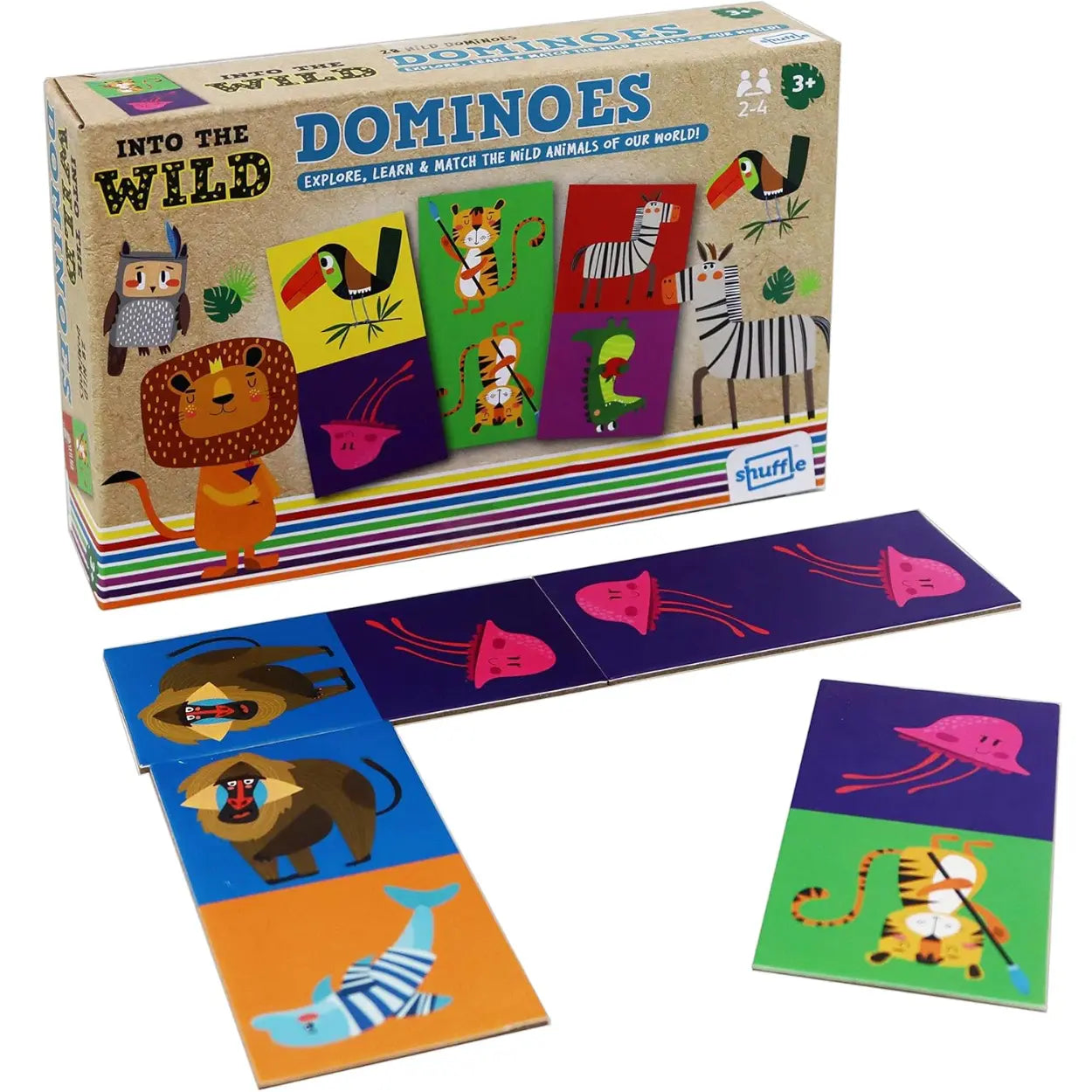 A vibrant box of Into the Wild Animal Dominoes displays captivating illustrations of animals like lions, zebras, and sharks. Perfect for ages 3+, 2-4 players can enhance matching skills with this colorful set by Into the Wild.