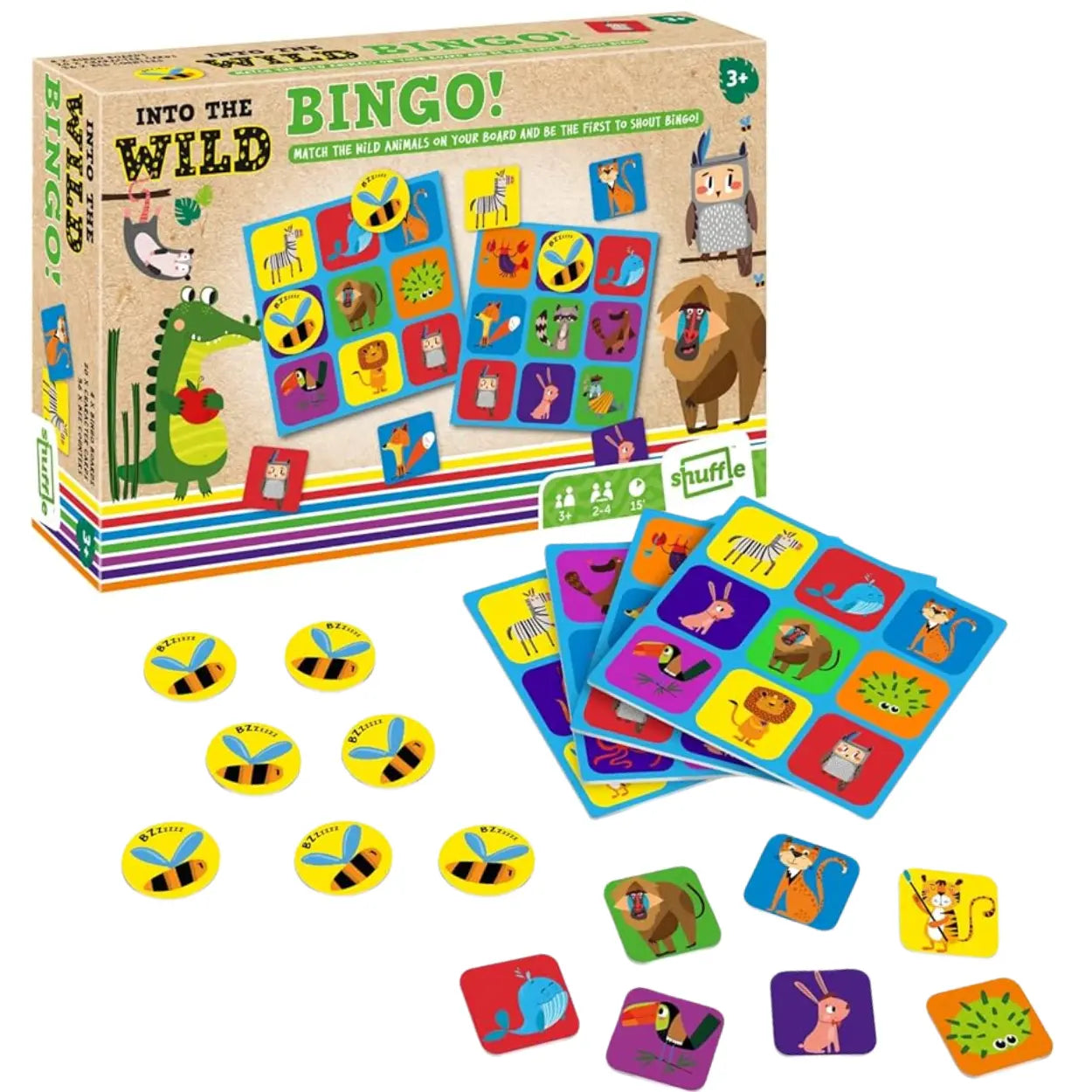 The image displays "Into the Wild Bingo" by Into the Wild, featuring vibrant cards and tokens with cartoon animals like lions, elephants, and crocodiles. The game box showcases these creatures with lively illustrations. Enjoy a delightful bingo game suitable for ages 3+.