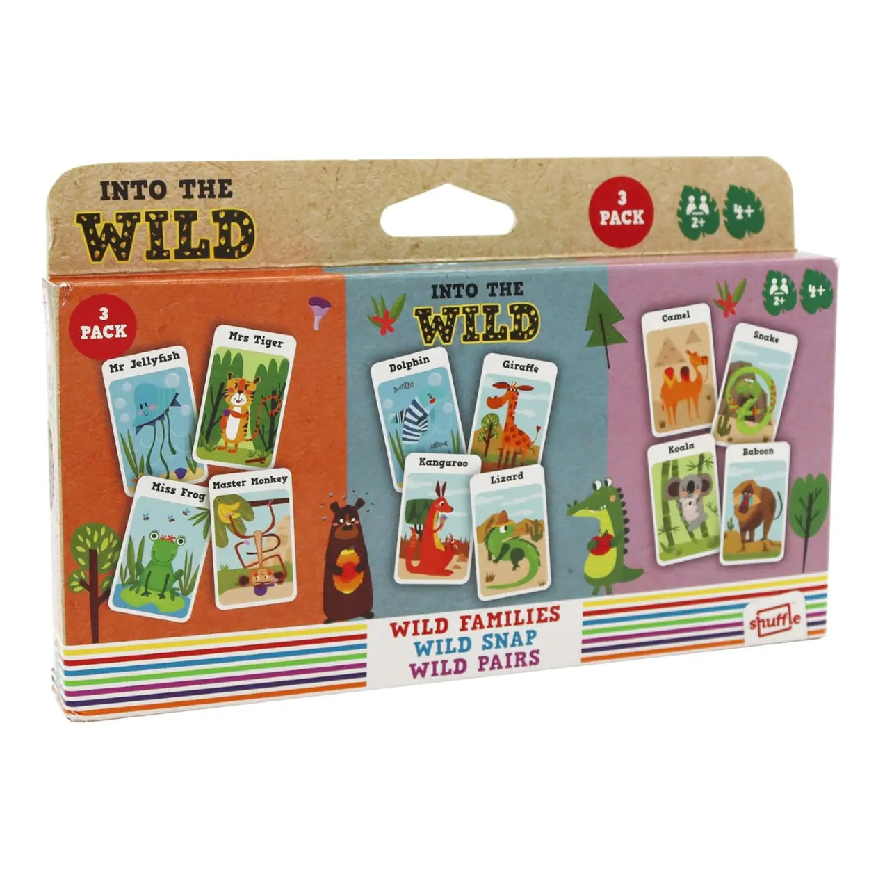 Packaging for Into the Wild's "Into the Wild 3 Card Games" features animal cards like Mr. Tiger, Dolphin, and Miss Frog. The colorful box with animal and tree illustrations enhances memory skills through games like "Wild Families," "Wild Snap," and "Wild Pairs." Labeled by Tuffle as a "3 Pack.