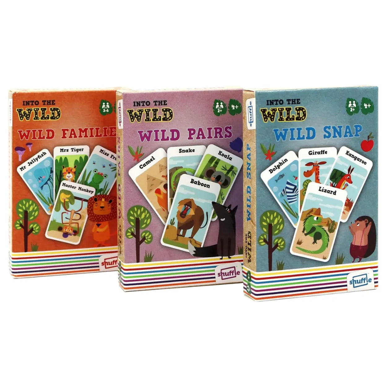 Displayed are three vibrant card game boxes from the "Into the Wild" collection, perfect for improving kids' memory. Each box features animal illustrations, such as a tiger and giraffe. The games included are "Wild Families," "Wild Pairs," and "Wild Snap.