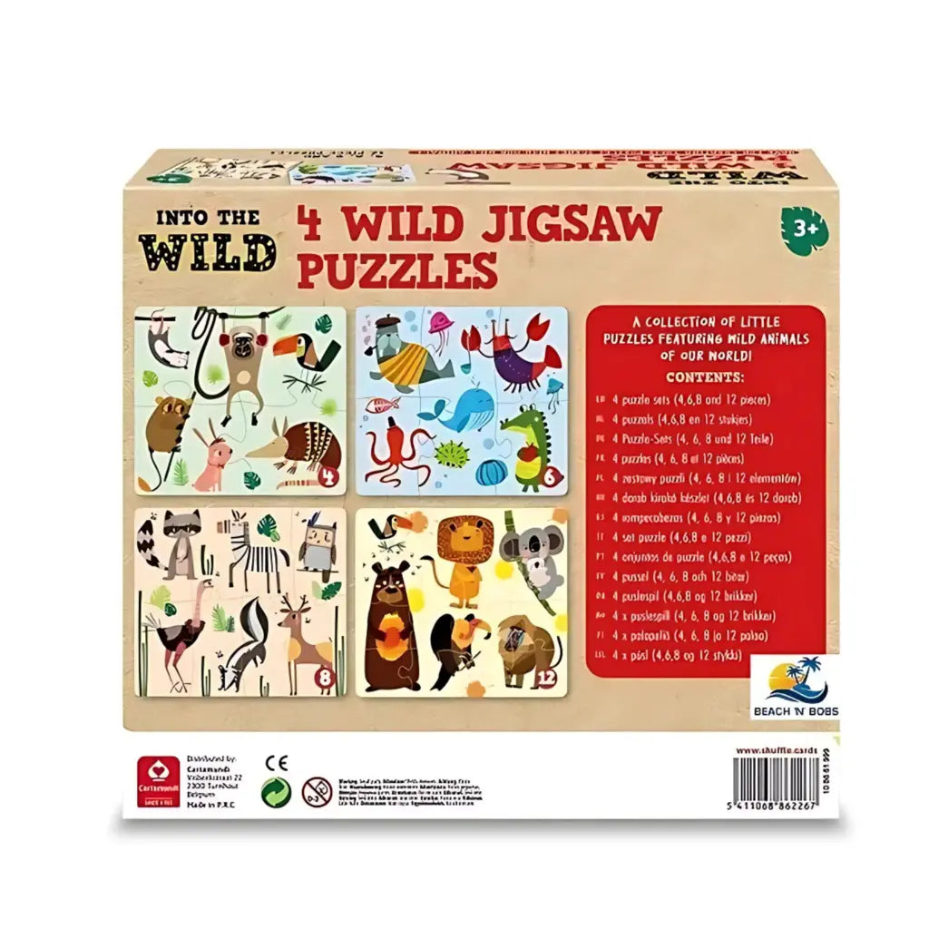 Box of "Into the Wild" 4-in-1 jigsaw puzzles for ages 3+, featuring wild animal illustrations. The back shows completed puzzle images and content list: 4 puzzles with different sizes and piece counts. Ideal for introducing kids to the excitement of wild animal games.