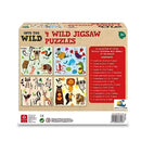 Box of "Into the Wild" 4-in-1 jigsaw puzzles for ages 3+, featuring wild animal illustrations. The back shows completed puzzle images and content list: 4 puzzles with different sizes and piece counts. Ideal for introducing kids to the excitement of wild animal games.