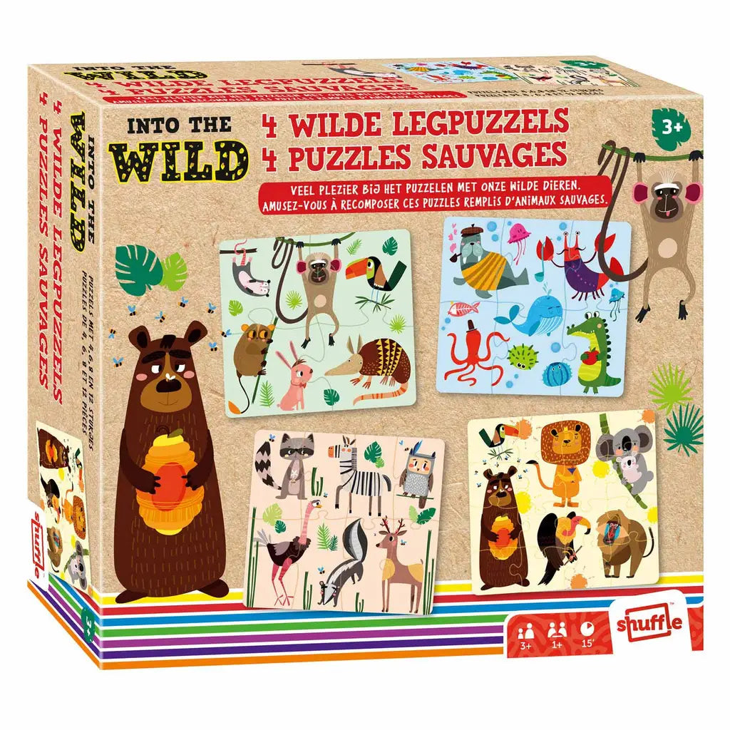 The "Into the Wild 4-in-1 Jigsaw Puzzles" box displays vibrant animal illustrations featuring birds, insects, jungle animals, and sea creatures. A bear holds a sign. FSC-Certified for ages 3+, with multilingual text.