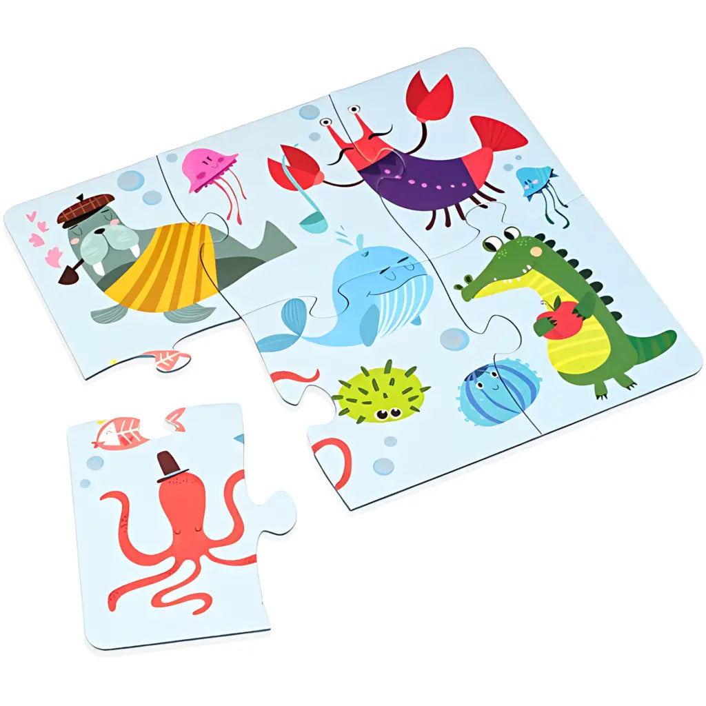 Explore the vibrant "Into the Wild 4-in-1 Jigsaw Puzzle" by Into the Wild, featuring sea creatures like a top hat-wearing sea lion and a playful octopus. Perfect for Wild Pre-school Games fans, it keeps one piece—the octopus—aside to spark curiosity and fun.