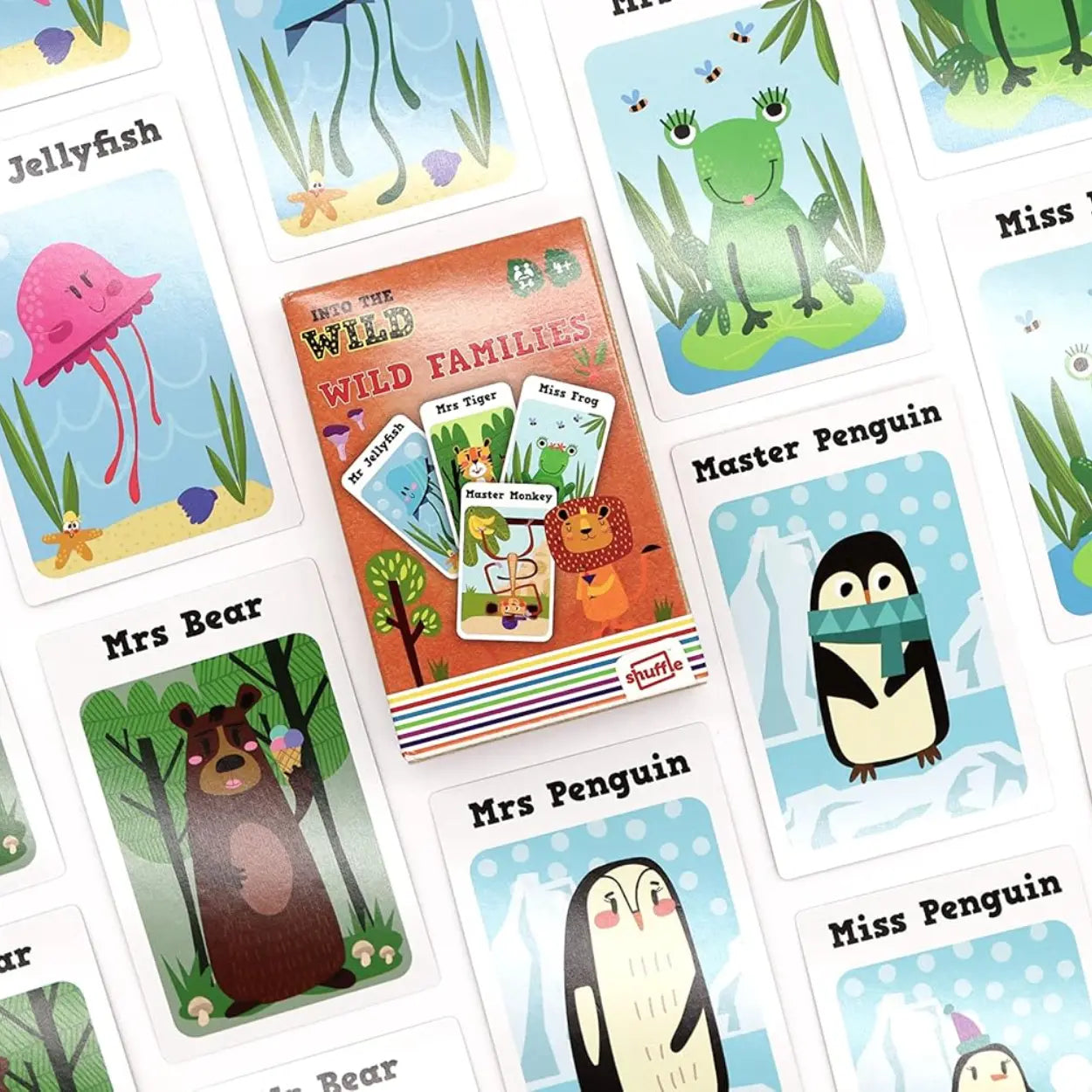 The "Into the Wild 3 Card Games" set offers vibrant kids' games featuring colorful animals, such as frogs, jellyfish, and penguins. With playful titles like "Mrs. Bear," this compact pack enhances memory and matching skills for young minds while promising fun adventures.