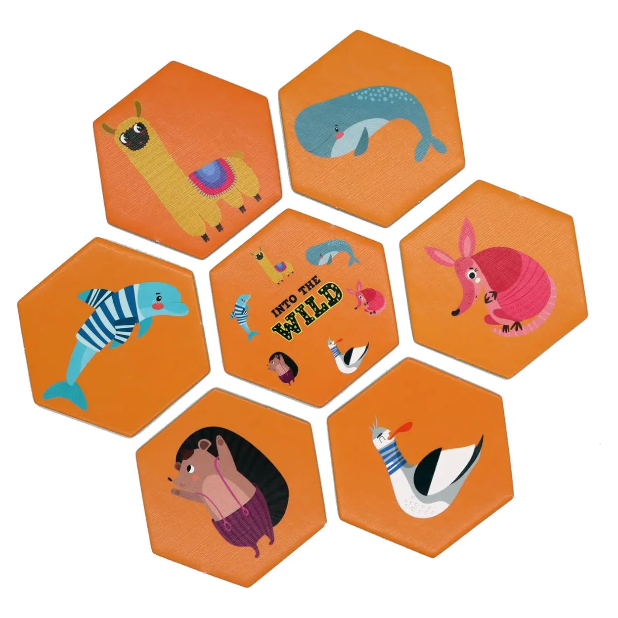 Into the Wild Let's Match" by Into the Wild features hexagonal tiles with colorful animal illustrations—llama, whale, and bird—surrounding a central "Into the Wild" tile on an orange background. Perfect for ages 3+, it develops sorting skills and is ideal for matching puzzles.